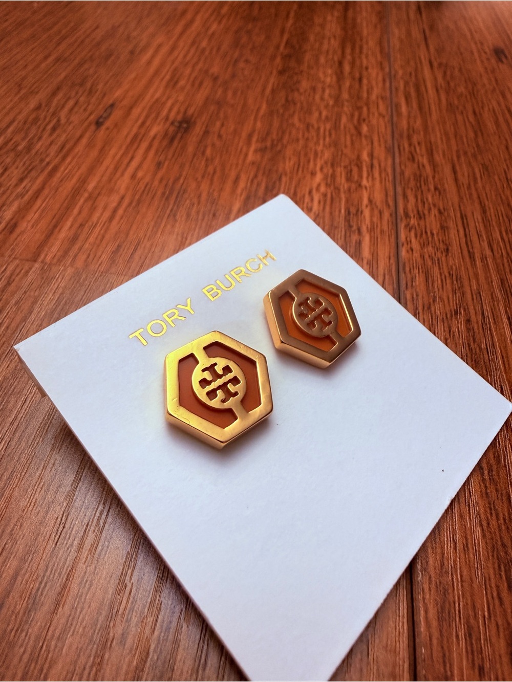 Tory Burch Gold and Brown Hexagon Logo Earrings